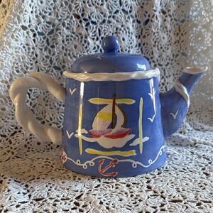 Handcrafted Blue Ceramic Teapot with Sailboat Design